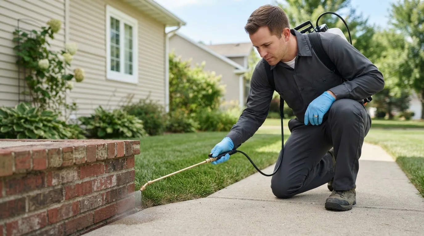 Pest control technician treating a home near Waterboro, ME